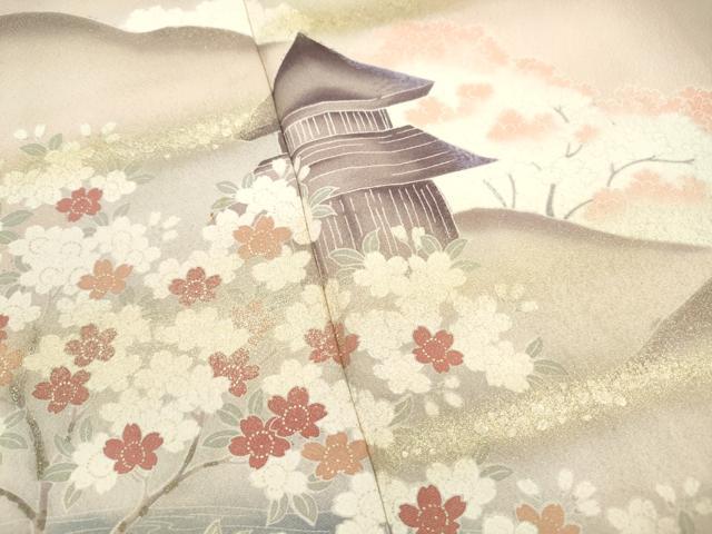 平和屋着物■訪問着 風景枝桜文 暈し染め 金彩 反端付き 正絹 逸品 DABJ5518qa