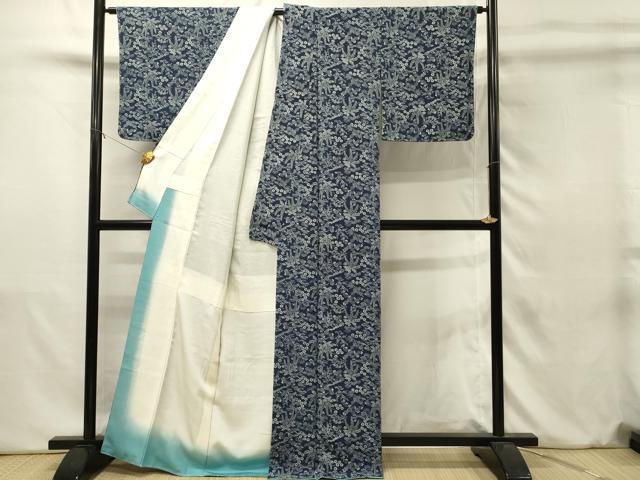 平和屋着物●無形文化財 森卯一 本藍 型絵染 小紋 草花松文 正絹 逸品 未使用 DABJ5630qp