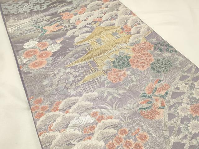 平和屋着物◎六通柄袋帯 九百緞子織 鴛鴦 風景花松文 金銀糸 正絹 逸品 DABJ5718qp