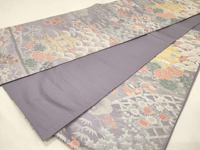 平和屋着物◎六通柄袋帯 九百緞子織 鴛鴦 風景花松文 金銀糸 正絹 逸品 DABJ5718qp