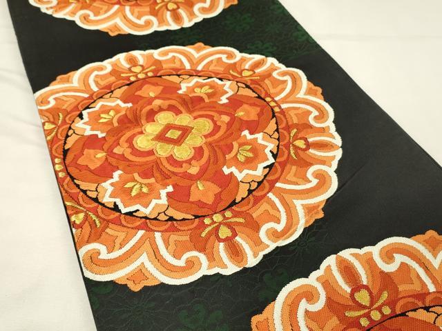 平和屋着物◎西陣 六通柄袋帯 正倉院花文 黒地 金糸 証紙付き 正絹 逸品 DABJ5742qp