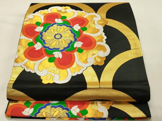 平和屋着物◎六通柄袋帯 唐織 正倉院花唐草文 黒地 金糸 正絹 逸品 DABJ5743qp