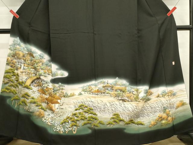 平和屋着物■豪華黒留袖 作家物 渡橋風景花松文 暈し染め 金彩 正絹 逸品 DABJ5798qp