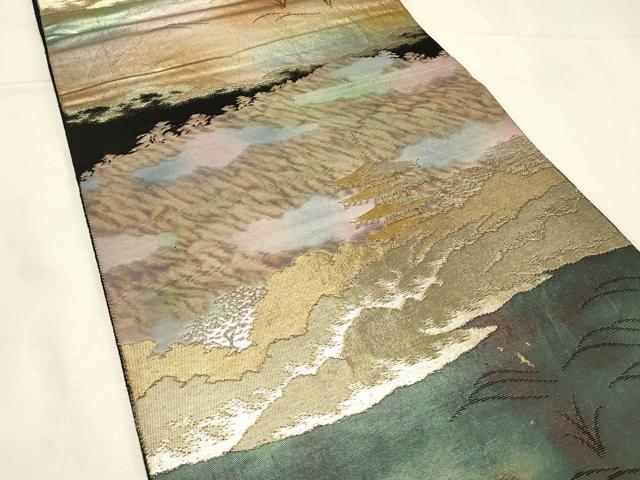 平和屋着物◎六通柄袋帯 遠山風景文 三彩錦 黒地 金糸 引箔 正絹 逸品 DABJ5914qp