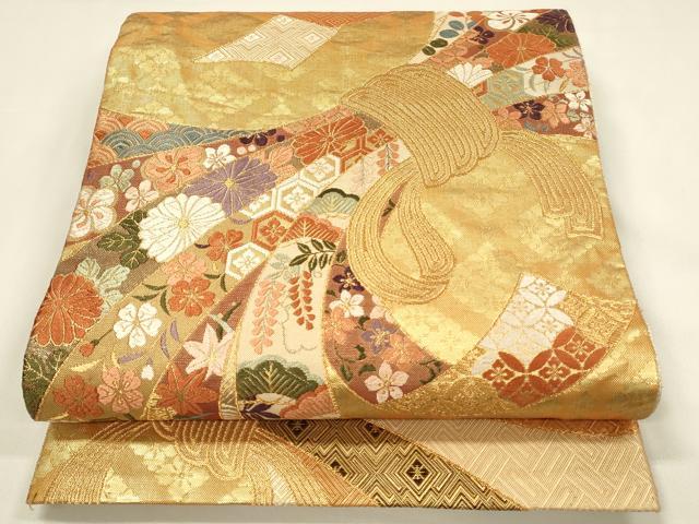 平和屋着物◎佐賀錦 六通柄袋帯 唐織 束ね熨斗吉祥花文 金糸 正絹 逸品 DABJ5932qp