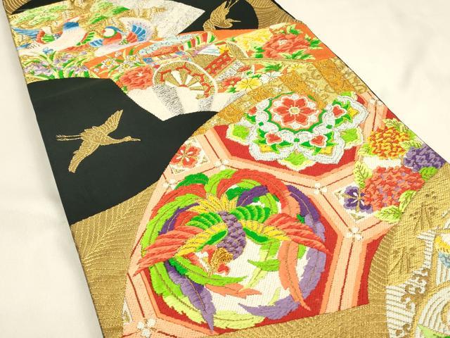 平和屋着物◎六通柄袋帯 唐織 地紙御所車鳳凰花文 黒地 金銀糸 正絹 逸品 DABJ5944qp