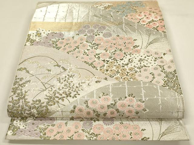 平和屋着物◎西陣 服部織物謹製 六通柄袋帯 唐織 重ね山草花文 金銀糸 正絹 逸品 DABJ5949qp