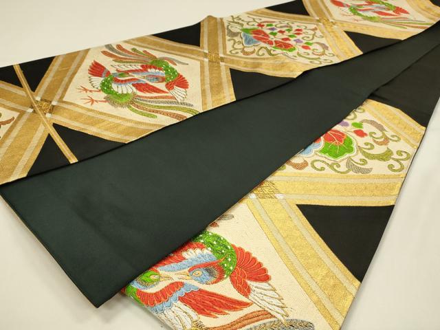 平和屋着物◎六通柄袋帯 唐織 天井鳳凰桐文 黒地 金糸 正絹 逸品 DABJ5960qp