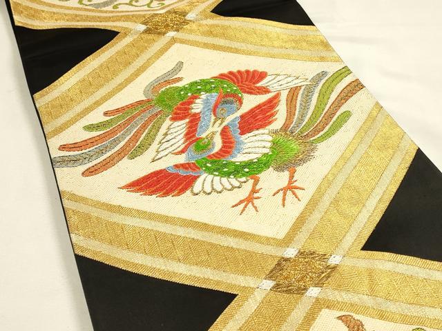 平和屋着物◎六通柄袋帯 唐織 天井鳳凰桐文 黒地 金糸 正絹 逸品 DABJ5960qp