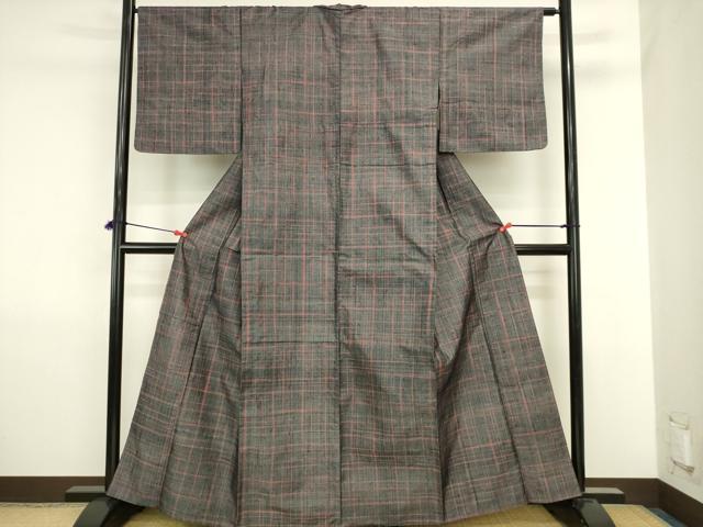 平和屋着物▽上質な紬 単衣 格子 正絹 逸品 DABJ6018sf