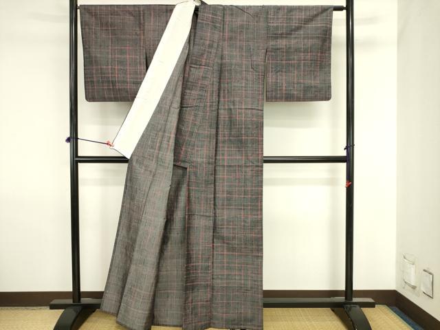 平和屋着物▽上質な紬 単衣 格子 正絹 逸品 DABJ6018sf