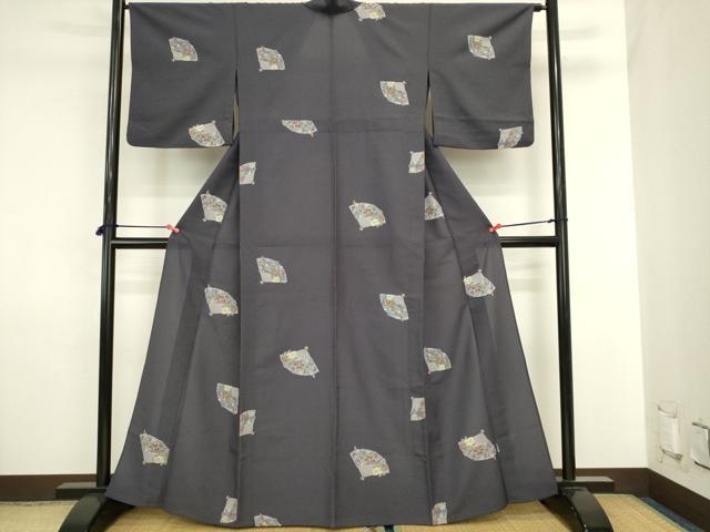 平和屋着物▽小紋 単衣 舞扇花鳥文 洗える着物 DABJ6029sf