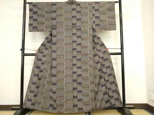 平和屋着物▽上質な紬 単衣 横段文 正絹 逸品 DABJ6043sf
