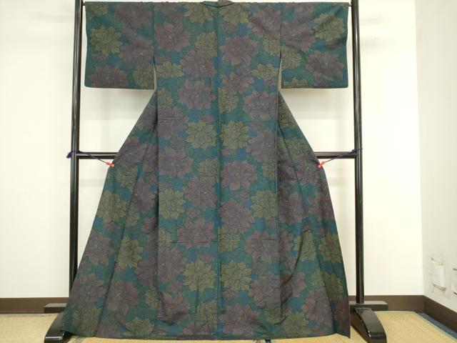 平和屋着物▽上質な紬 単衣 草花文 ロング丈 正絹 逸品 DABJ6047sf