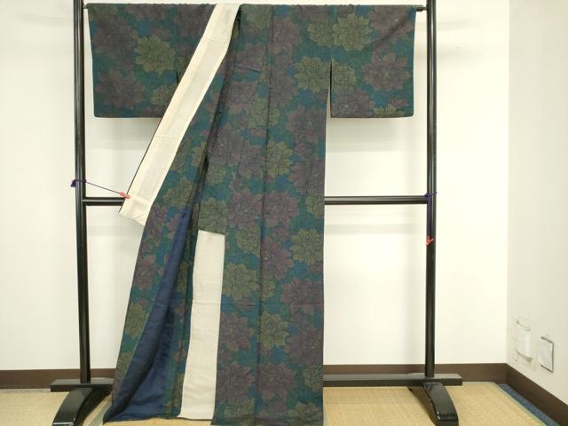 平和屋着物▽上質な紬 単衣 草花文 ロング丈 正絹 逸品 DABJ6047sf
