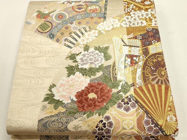 平和屋本店▼六通柄袋帯 唐織 桧扇御所車花文 本金箔 正絹 逸品 DABJ6060sf