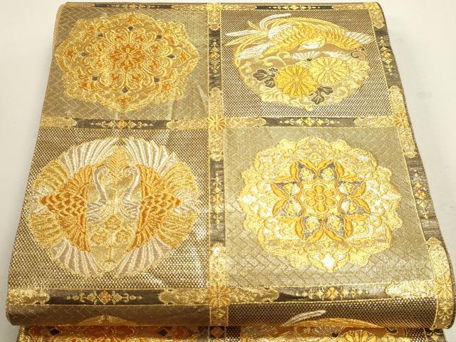 平和屋本店▼六通柄袋帯 双鶴正倉院花文 本金箔 正絹 逸品 DABJ6079sf