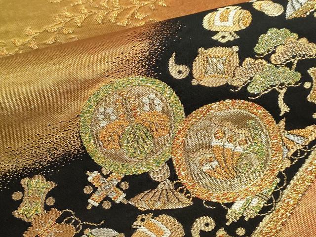 平和屋本店▼六通柄袋帯 宝尽くし文 松竹梅 黒地 本金箔 正絹 逸品 DABJ6094sf