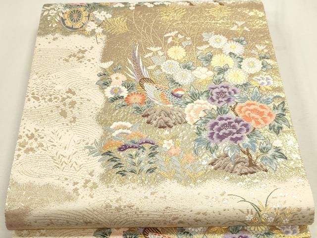 平和屋本店▼六通柄袋帯 唐織 花車流水雉 九百本金弐重箔 正絹 逸品 DABJ6099sf