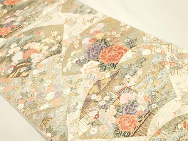 平和屋本店▼六通柄袋帯 唐織 扇面花園絵巻 本金箔 正絹 逸品 DABJ6109sf