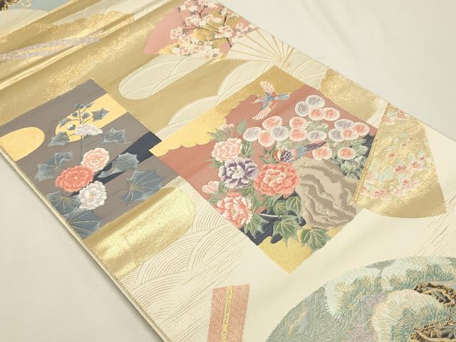 平和屋本店▼六通柄袋帯 唐織 九百錦 扇面草花文 純金箔 正絹 逸品 DABJ6162sf