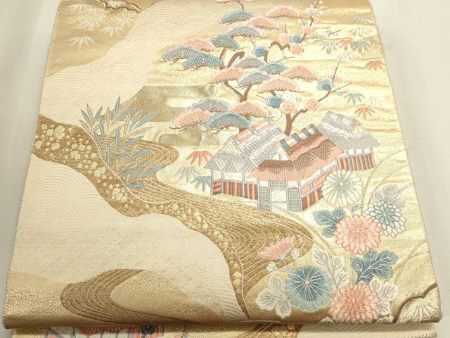 平和屋本店▼六通柄袋帯 唐織 風景草花文 純金箔 正絹 逸品 DABJ6184sf