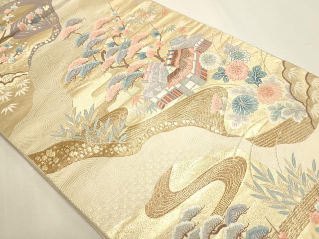 平和屋本店▼六通柄袋帯 唐織 風景草花文 純金箔 正絹 逸品 DABJ6184sf