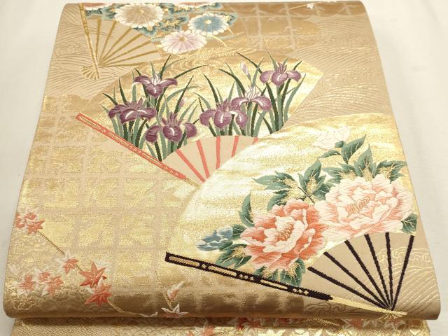 平和屋本店▼六通柄袋帯 唐織 扇面琳派文様 本金箔二重箔 正絹 逸品 DABJ6217sf