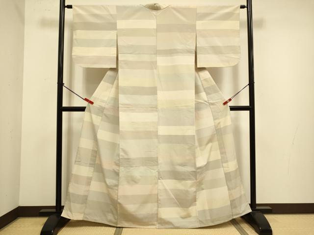 平和屋着物▽上質なお召 単衣 横段文 正絹 逸品 DABJ6561du
