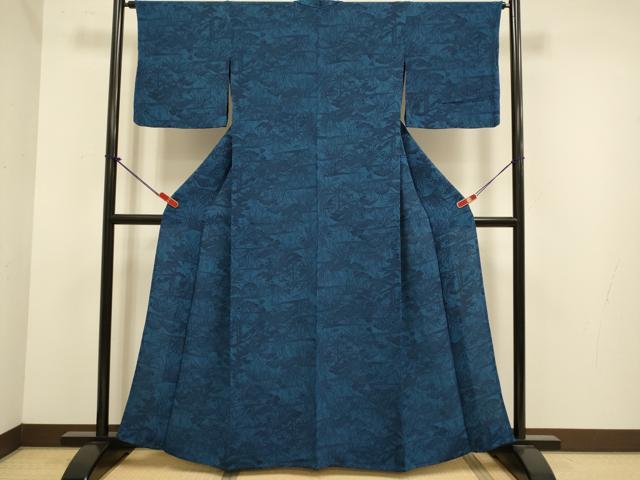 平和屋着物▽上質な小紋 単衣 藍 型染 扇梅松文 鬼しぼ縮緬 正絹 逸品 DABJ6568du