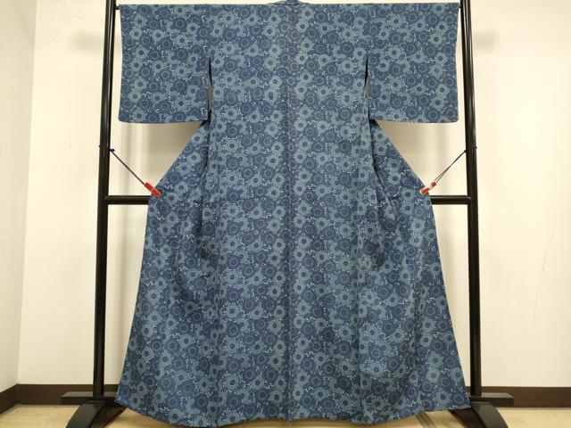 平和屋着物▽上質な小紋 単衣 藍 型染 菊文 正絹 逸品 DABJ6630du