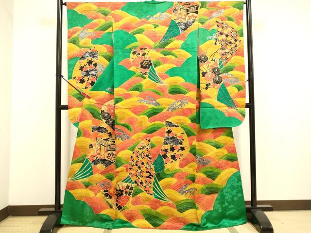 平和屋着物●豪華振袖 駒刺繍 御所車立波花文 金銀彩 正絹 逸品 DABJ6775du