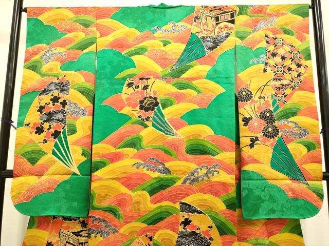 平和屋着物●豪華振袖 駒刺繍 御所車立波花文 金銀彩 正絹 逸品 DABJ6775du