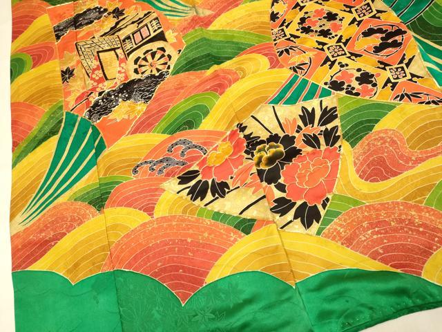 平和屋着物●豪華振袖 駒刺繍 御所車立波花文 金銀彩 正絹 逸品 DABJ6775du