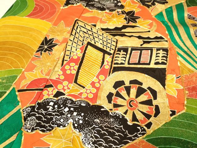 平和屋着物●豪華振袖 駒刺繍 御所車立波花文 金銀彩 正絹 逸品 DABJ6775du