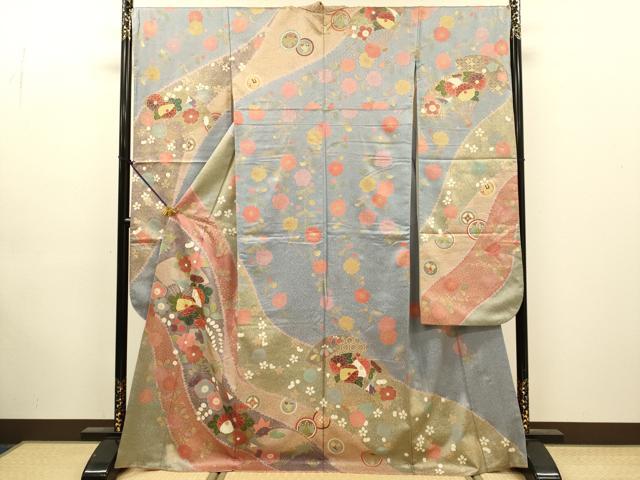 平和屋着物●豪華振袖 駒刺繍 扇面吉祥花文 金彩 正絹 逸品 DABJ6900du
