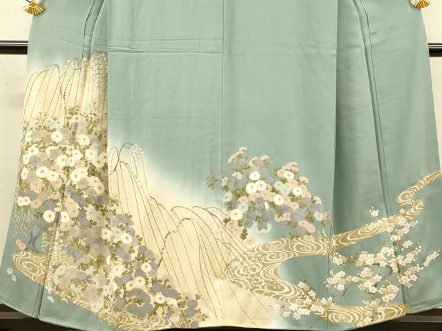 平和屋着物●訪問着 流水花文 暈し染め 金彩 反端付き 正絹 逸品 DABJ6922du
