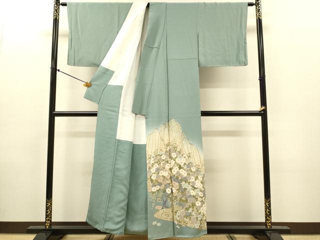平和屋着物●訪問着 流水花文 暈し染め 金彩 反端付き 正絹 逸品 DABJ6922du