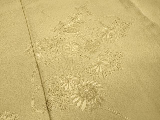 平和屋着物▼中国三大刺繍 スワトウ刺繍 汕頭刺繍 相良刺繍 総刺繍 無地絵羽訪問着 扇面花文 白橡色 正絹 逸品 DABJ7028fe