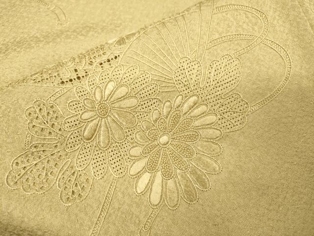 平和屋着物▼中国三大刺繍 スワトウ刺繍 汕頭刺繍 相良刺繍 総刺繍 無地絵羽訪問着 扇面花文 白橡色 正絹 逸品 DABJ7028fe