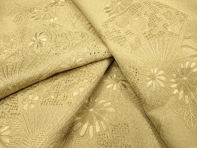 平和屋着物▼中国三大刺繍 スワトウ刺繍 汕頭刺繍 相良刺繍 総刺繍 無地絵羽訪問着 扇面花文 白橡色 正絹 逸品 DABJ7028fe