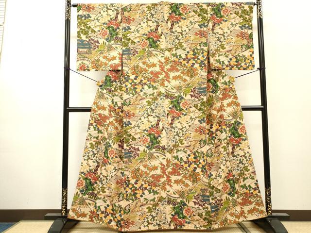 平和屋着物▼上質な小紋 切嵌花鳥文 金彩 正絹 逸品 DABJ7080fe