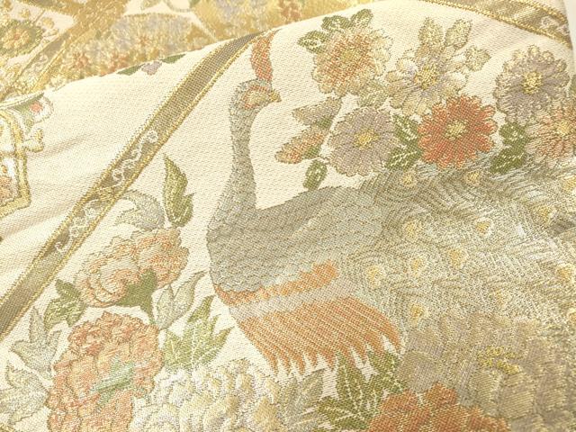 平和屋着物▼六通柄袋帯 天井正倉院孔雀花丸文 金糸 正絹 逸品 DABJ7096fe