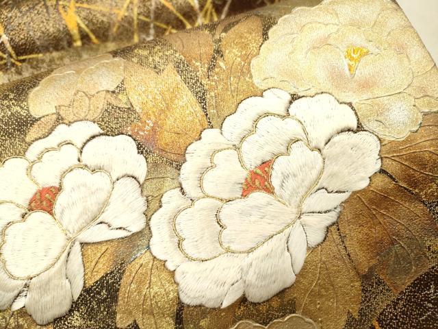 平和屋着物▼太鼓柄袋帯 駒刺繍 地紙花文 金銀彩 正絹 逸品 DABJ7116fe