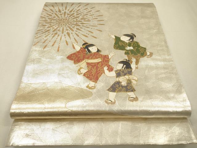 平和屋着物▼太鼓柄 京袋帯 螺鈿箔 手描き 花火 人物文 金銀彩 正絹 逸品 DABJ7124fe