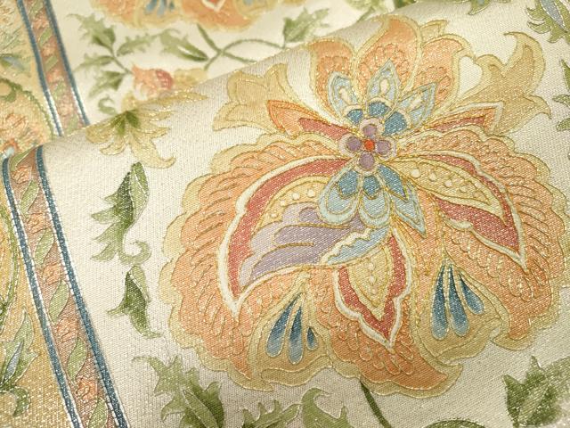 平和屋着物▼太鼓柄袋帯 駒刺繍 総刺繍 花唐草間道 金銀糸 正絹 逸品 DABJ7175fe
