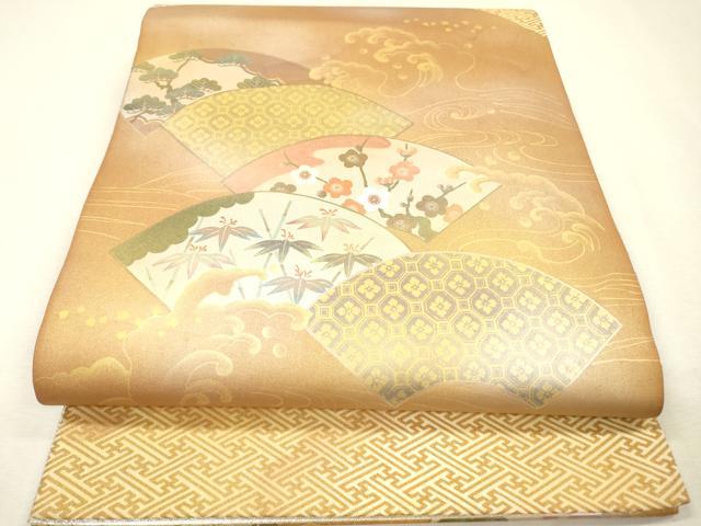 平和屋着物▼太鼓柄袋帯 扇面松竹梅 黄金 鑑定書付き 正絹 逸品 DABJ7216fe