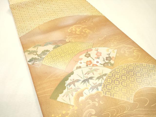 平和屋着物▼太鼓柄袋帯 扇面松竹梅 黄金 鑑定書付き 正絹 逸品 DABJ7216fe
