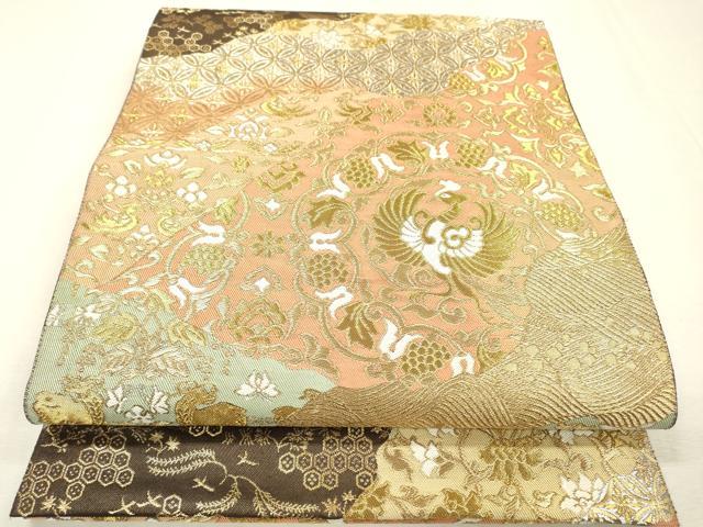 平和屋着物▼西陣 服部織物謹製 六通柄袋帯 道長鳳凰動物花文 金銀糸 正絹 逸品 DABJ7217fe