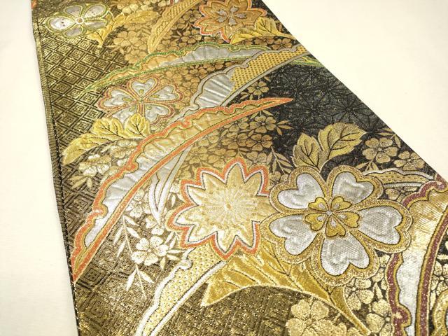 平和屋着物▼佐賀錦 両面 六通柄袋帯 雪芝舞桜 黒地 金銀糸 正絹 逸品 DABJ7256fe